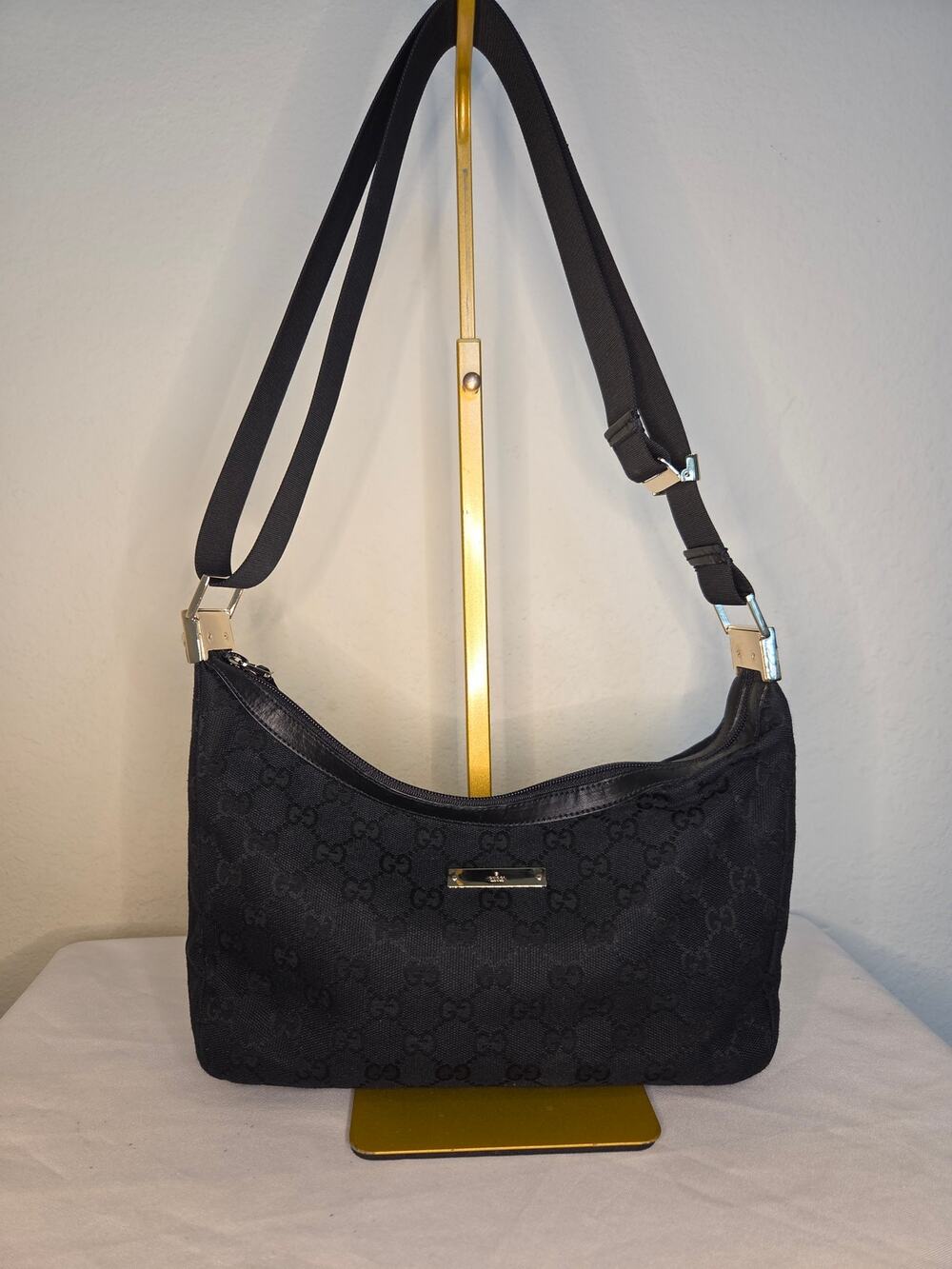 Gucci Black GG Monogram Canvas Shoulder Bag Adjustable Strap Silver Hardware